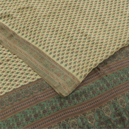 Sanskriti Vintage Sarees Ivory Pure Crepe Silk Printed Sari 5+yd Craft Fabric