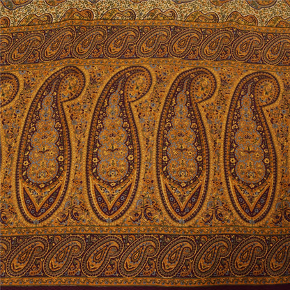 Sanskriti Vintage Sarees Cream Pure Crepe Silk Printed Sari 5+yd Craft Fabric