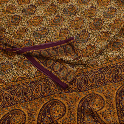 Sanskriti Vintage Sarees Cream Pure Crepe Silk Printed Sari 5+yd Craft Fabric