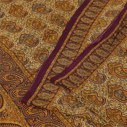 Sanskriti Vintage Sarees Cream Pure Crepe Silk Printed Sari 5+yd Craft Fabric