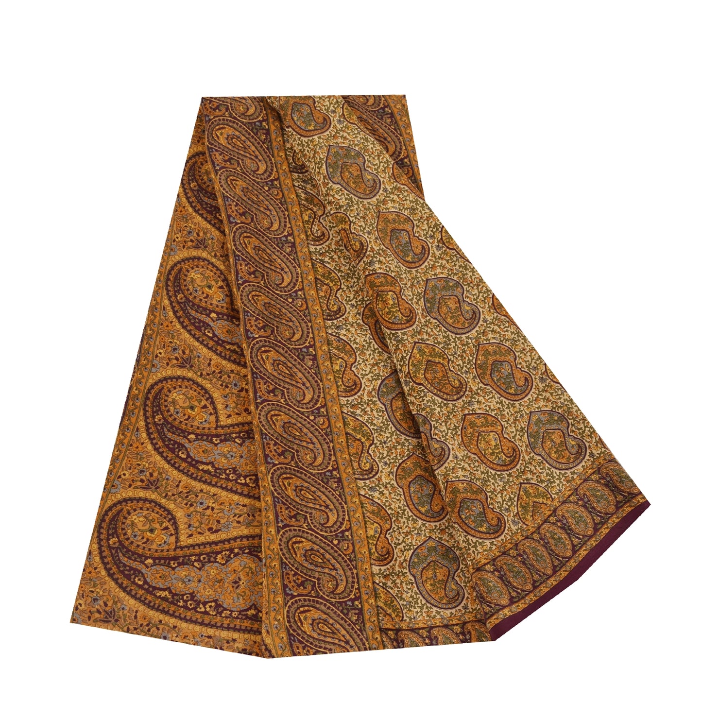 Sanskriti Vintage Sarees Cream Pure Crepe Silk Printed Sari 5+yd Craft Fabric