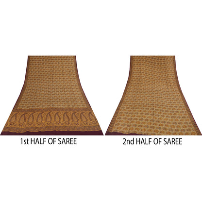 Sanskriti Vintage Sarees Cream Pure Crepe Silk Printed Sari 5+yd Craft Fabric