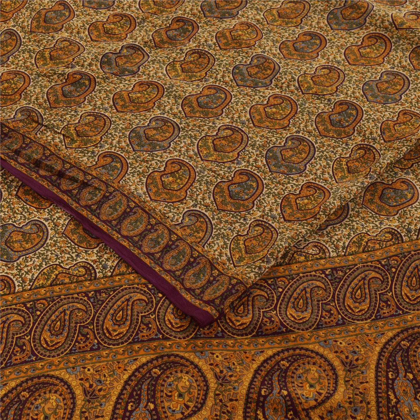 Sanskriti Vintage Sarees Cream Pure Crepe Silk Printed Sari 5+yd Craft Fabric