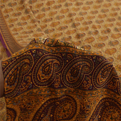 Sanskriti Vintage Sarees Cream Pure Crepe Silk Printed Sari 5+yd Craft Fabric