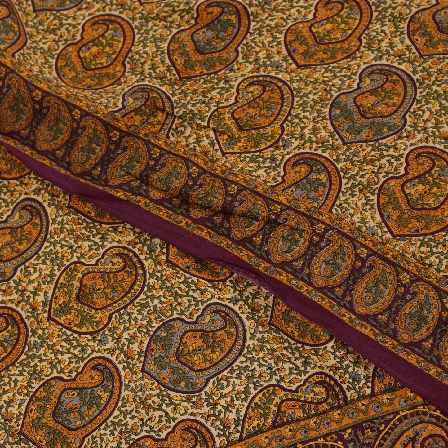 Sanskriti Vintage Sarees Cream Pure Crepe Silk Printed Sari 5+yd Craft Fabric