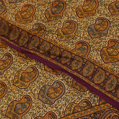 Sanskriti Vintage Sarees Cream Pure Crepe Silk Printed Sari 5+yd Craft Fabric