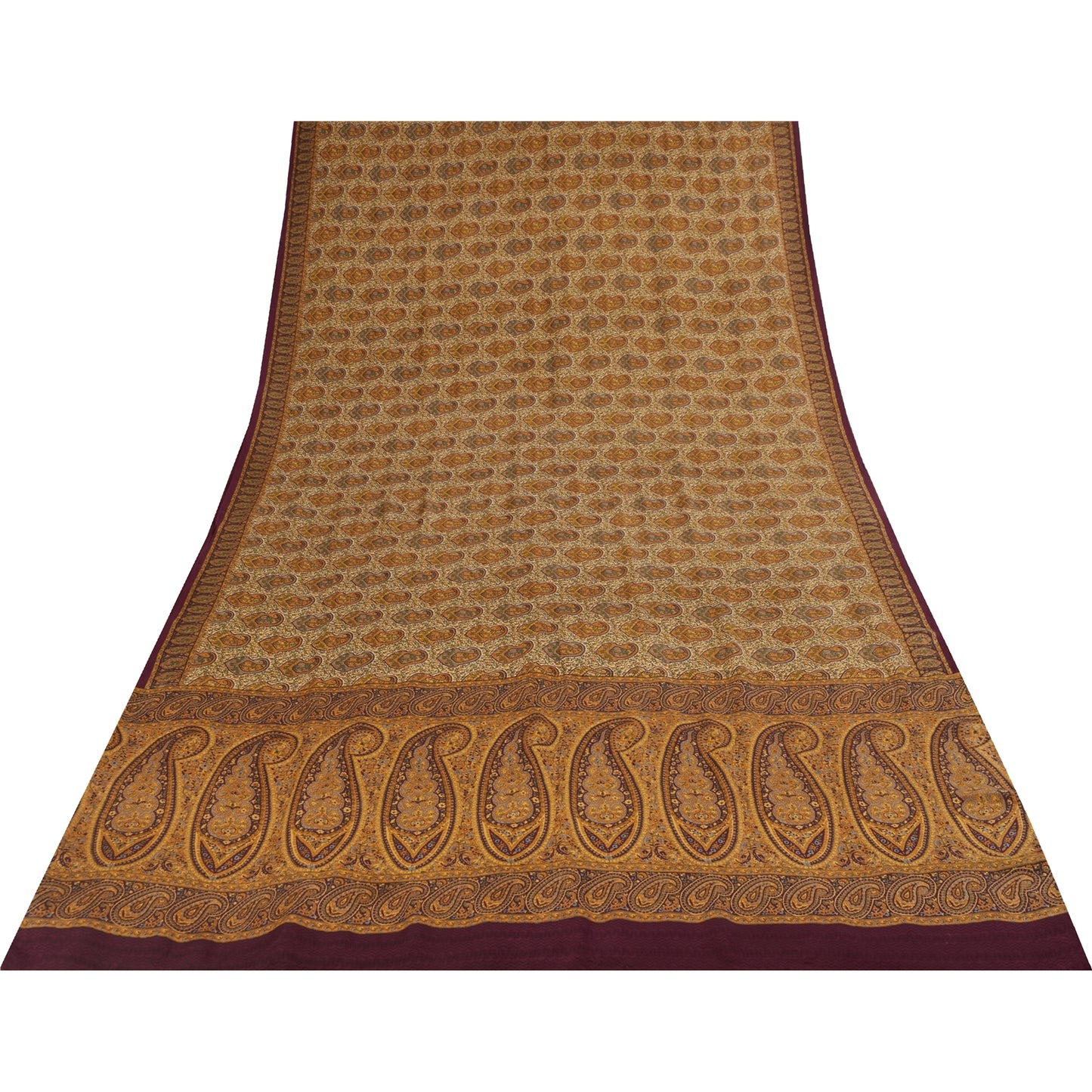 Sanskriti Vintage Sarees Cream Pure Crepe Silk Printed Sari 5+yd Craft Fabric