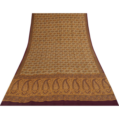Sanskriti Vintage Sarees Cream Pure Crepe Silk Printed Sari 5+yd Craft Fabric