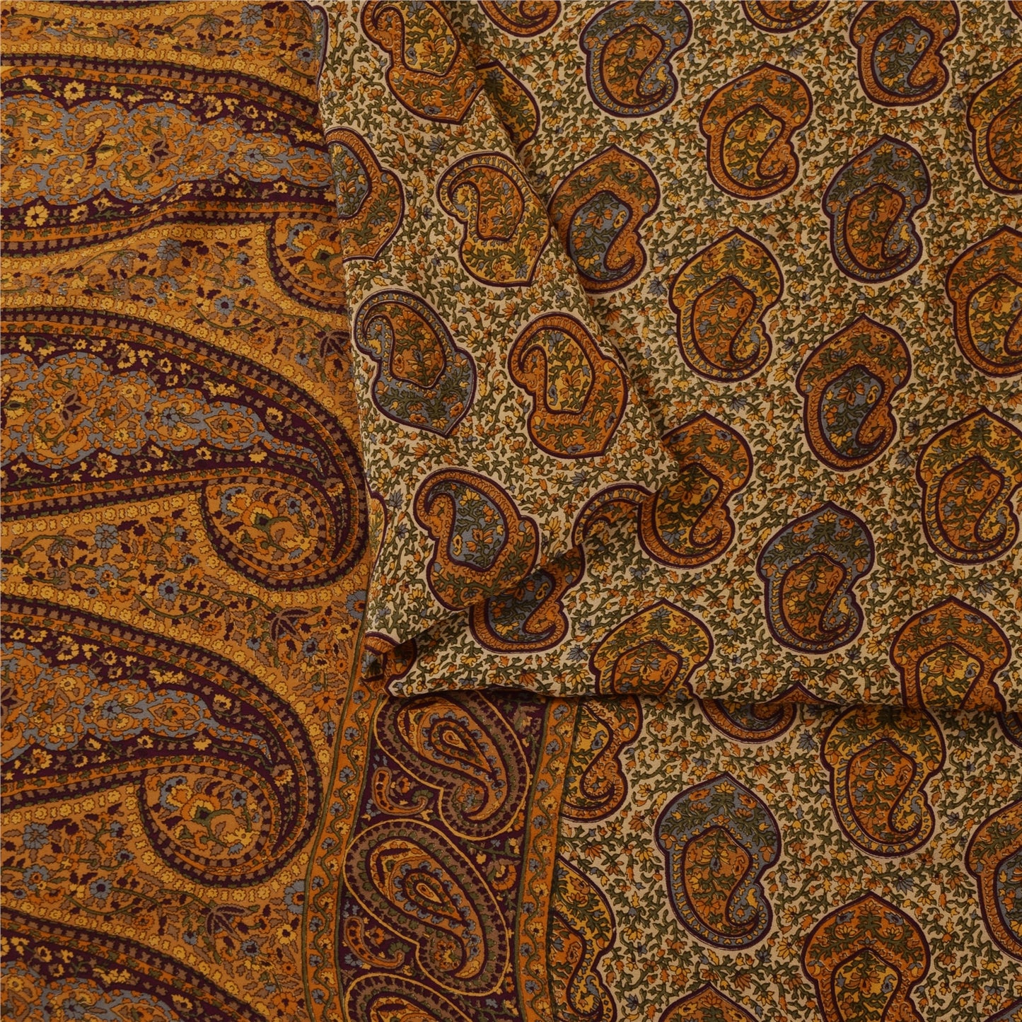 Sanskriti Vintage Sarees Cream Pure Crepe Silk Printed Sari 5+yd Craft Fabric