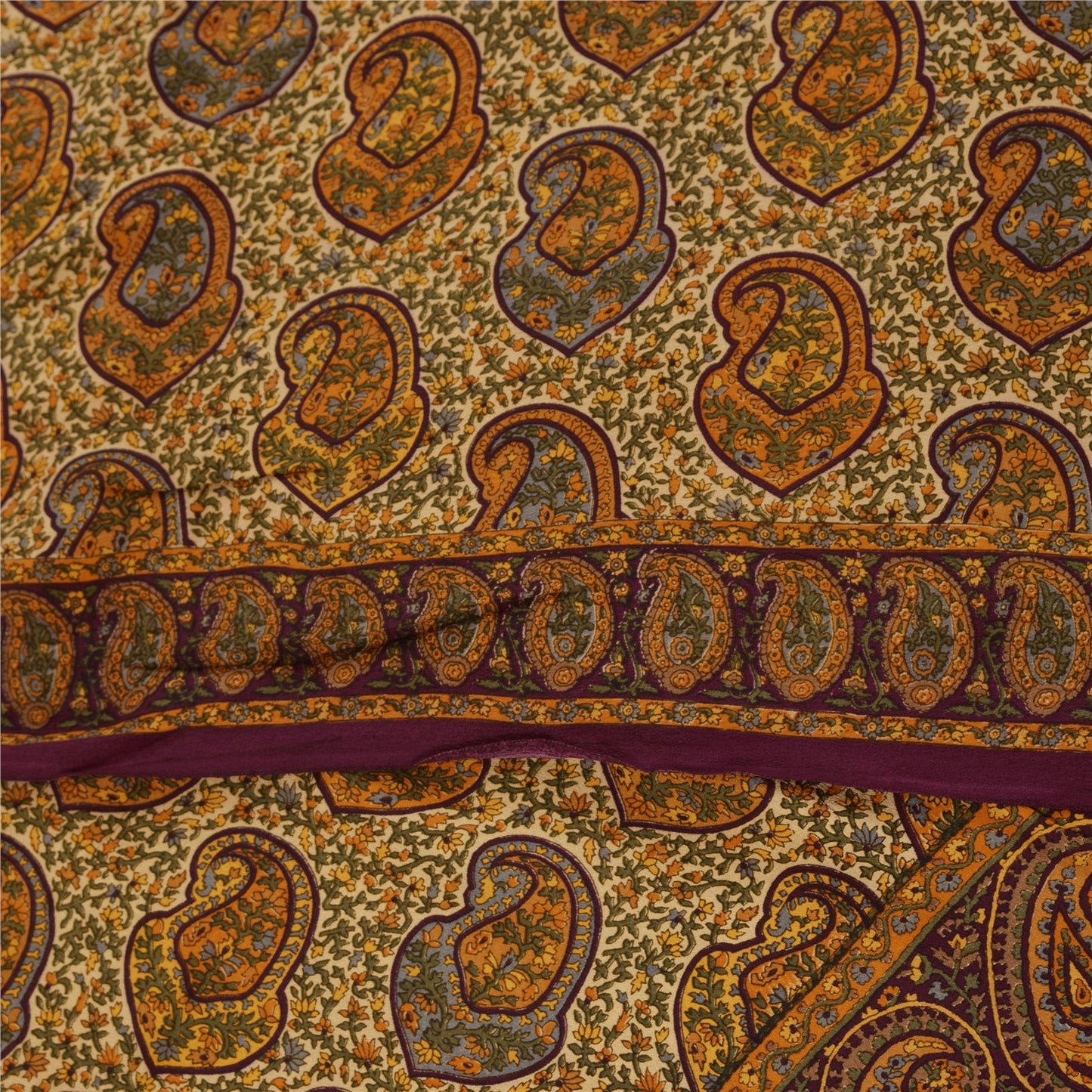 Sanskriti Vintage Sarees Cream Pure Crepe Silk Printed Sari 5+yd Craft Fabric