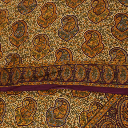 Sanskriti Vintage Sarees Cream Pure Crepe Silk Printed Sari 5+yd Craft Fabric