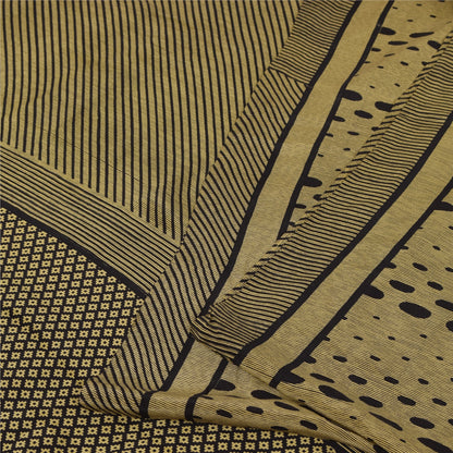 Sanskriti Vintage Sarees Cream & Black Pure Crepe Printed Sari 5+yd Craft Fabric