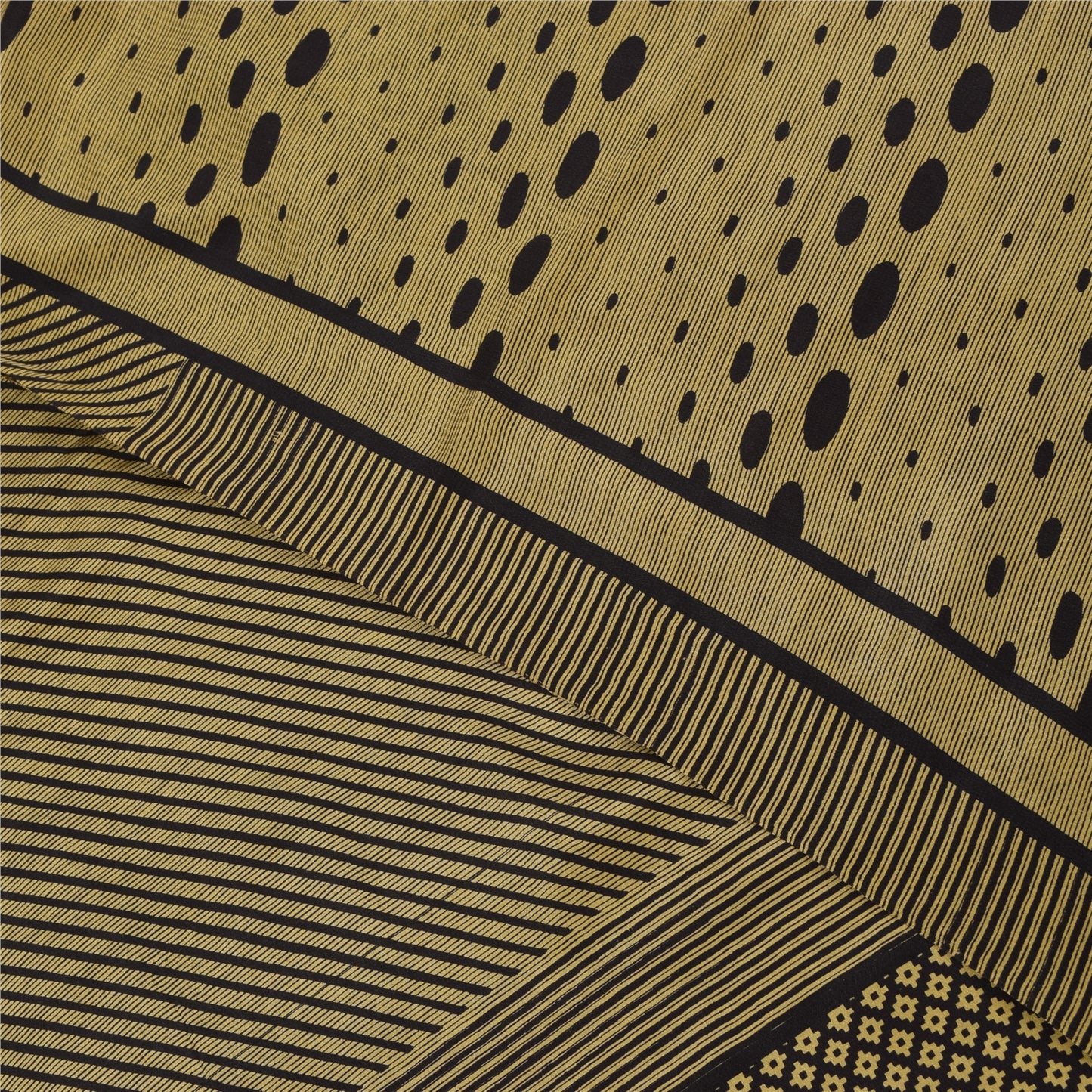 Sanskriti Vintage Sarees Cream & Black Pure Crepe Printed Sari 5+yd Craft Fabric