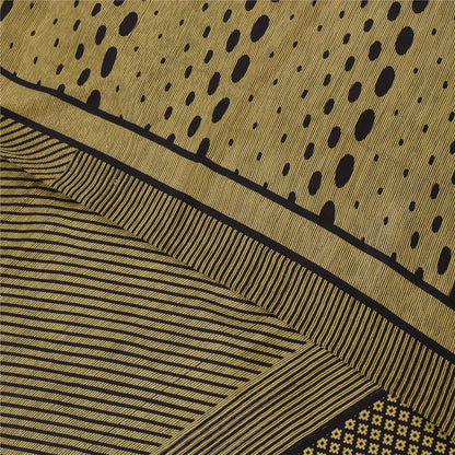 Sanskriti Vintage Sarees Cream & Black Pure Crepe Printed Sari 5+yd Craft Fabric