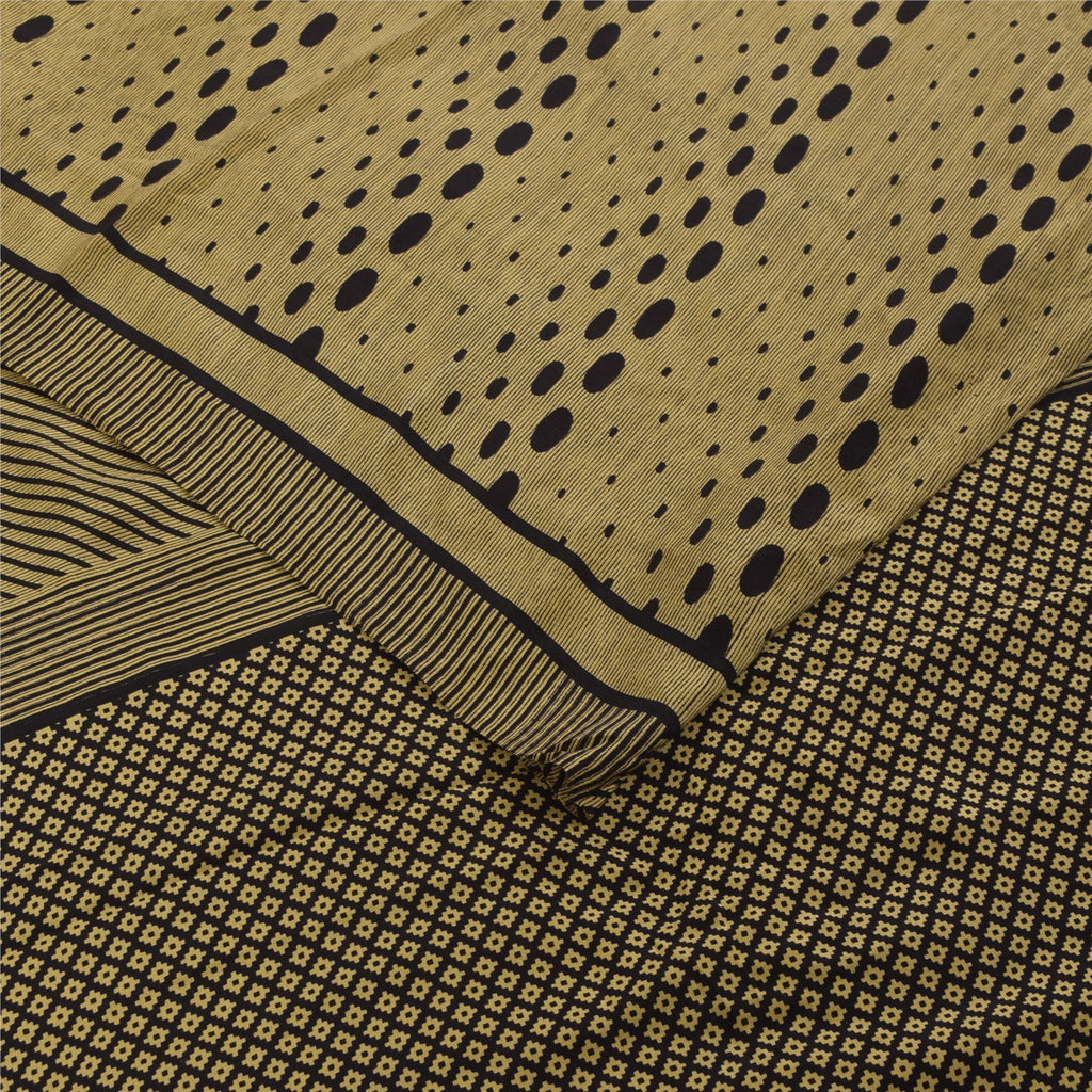 Sanskriti Vintage Sarees Cream & Black Pure Crepe Printed Sari 5+yd Craft Fabric