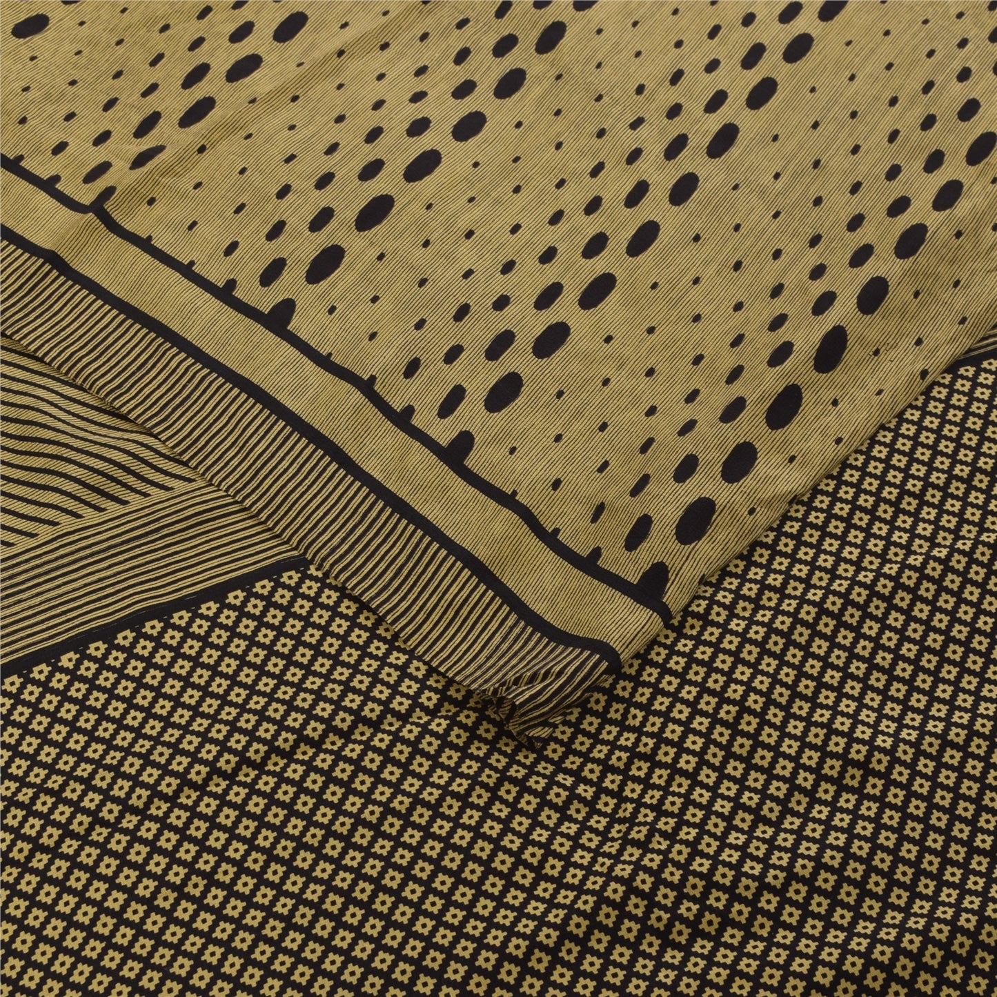 Sanskriti Vintage Sarees Cream & Black Pure Crepe Printed Sari 5+yd Craft Fabric