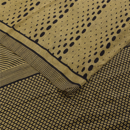 Sanskriti Vintage Sarees Cream & Black Pure Crepe Printed Sari 5+yd Craft Fabric