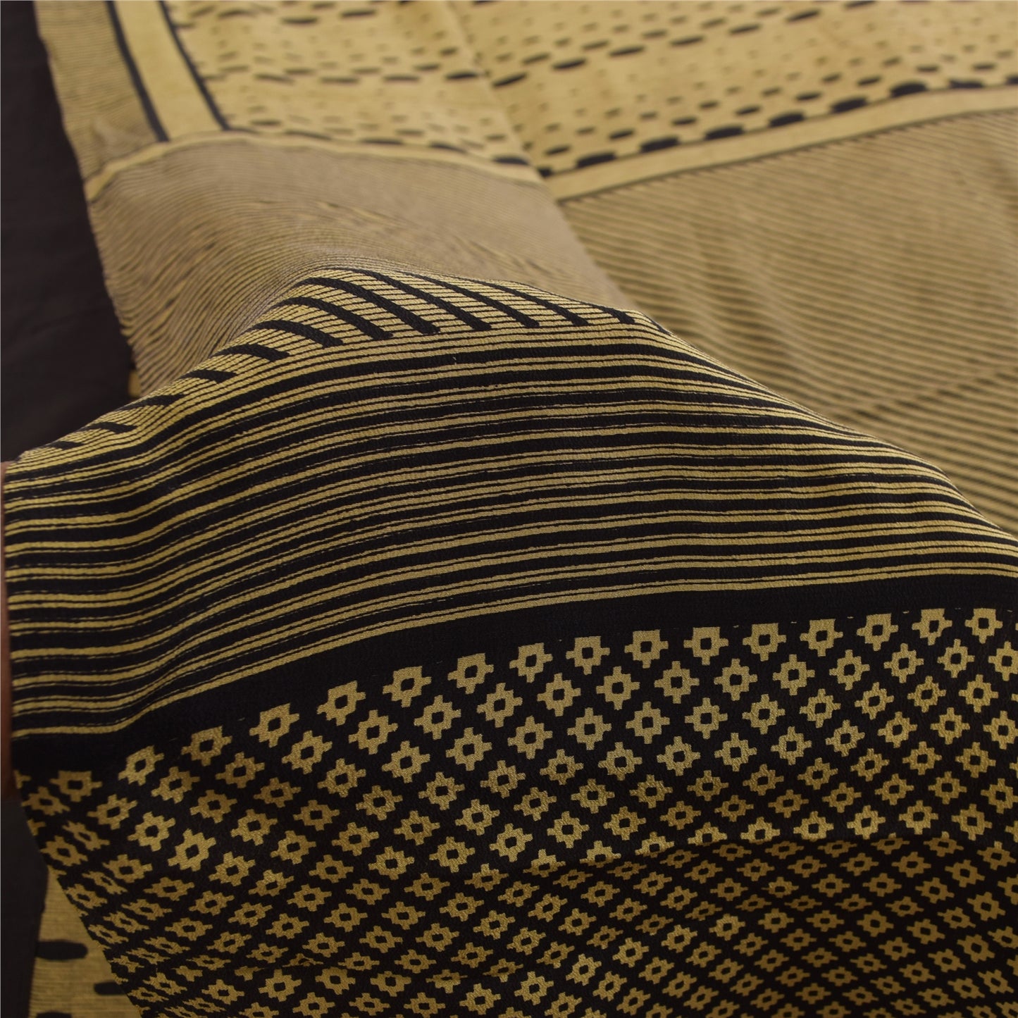 Sanskriti Vintage Sarees Cream & Black Pure Crepe Printed Sari 5+yd Craft Fabric