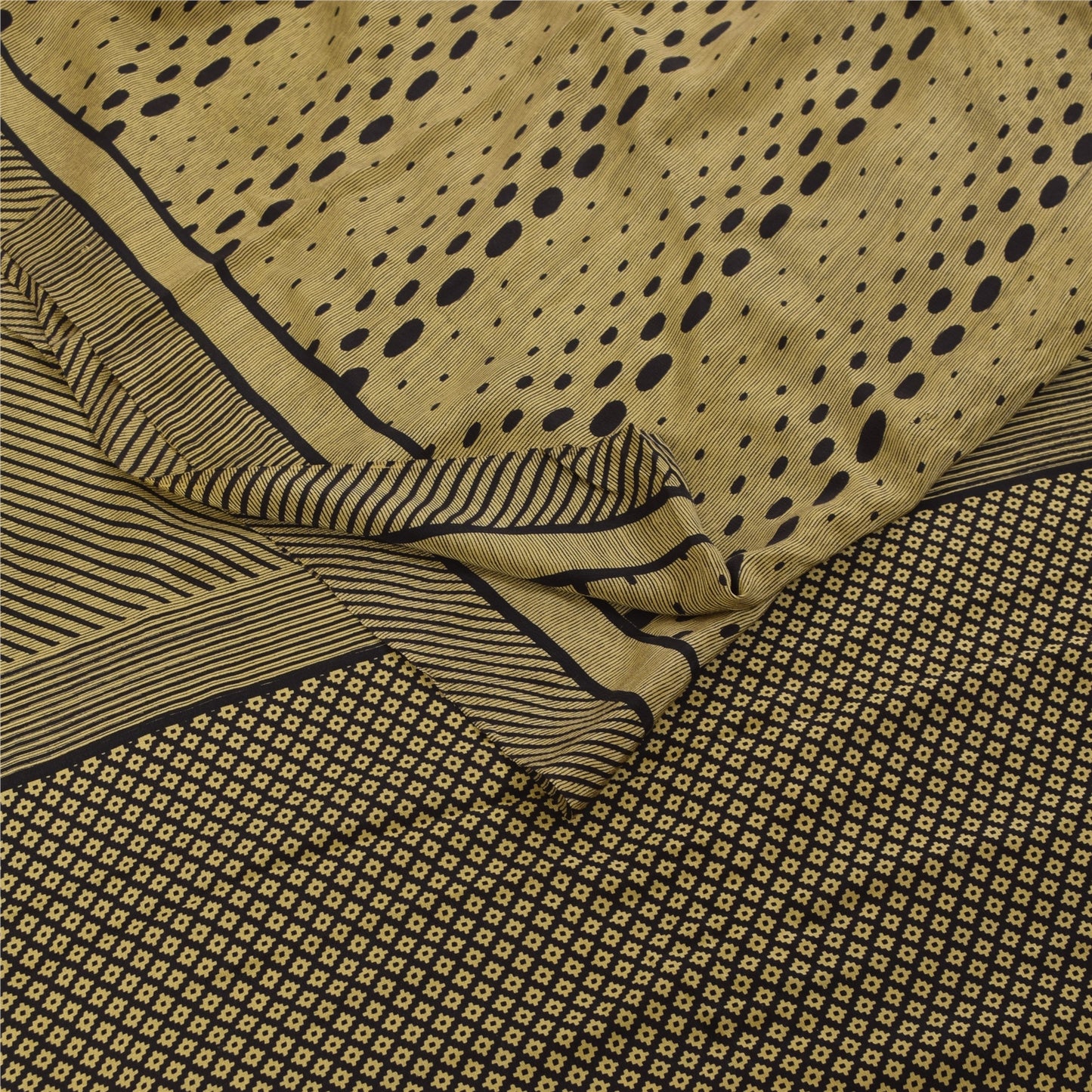 Sanskriti Vintage Sarees Cream & Black Pure Crepe Printed Sari 5+yd Craft Fabric