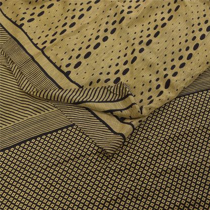 Sanskriti Vintage Sarees Cream & Black Pure Crepe Printed Sari 5+yd Craft Fabric
