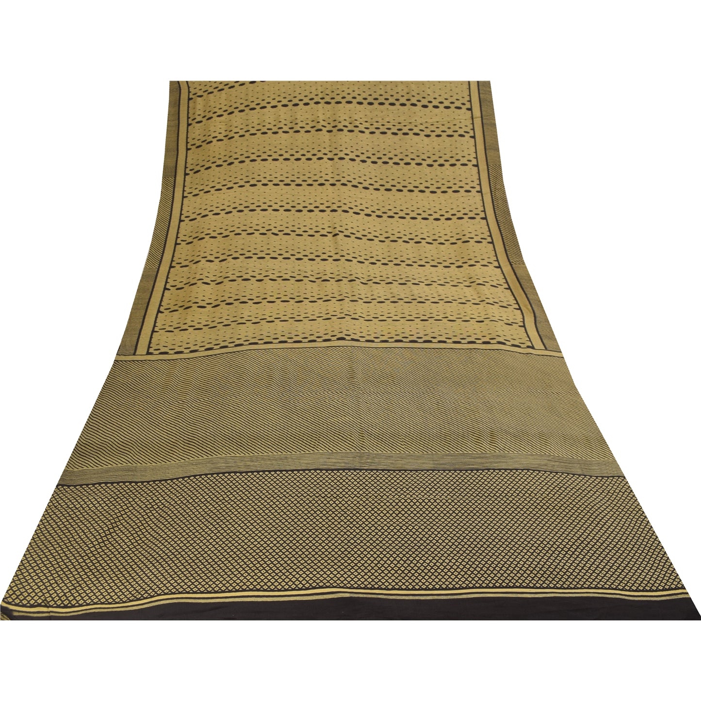 Sanskriti Vintage Sarees Cream & Black Pure Crepe Printed Sari 5+yd Craft Fabric