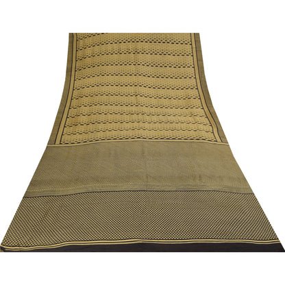 Sanskriti Vintage Sarees Cream & Black Pure Crepe Printed Sari 5+yd Craft Fabric