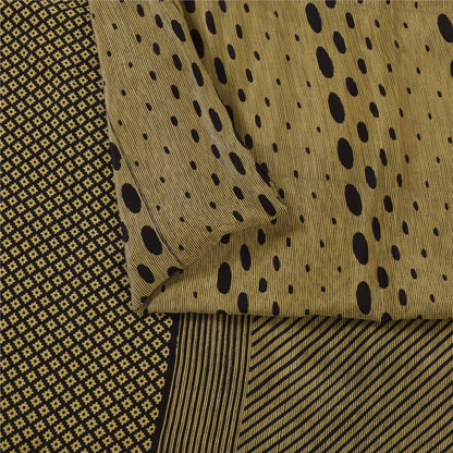 Sanskriti Vintage Sarees Cream & Black Pure Crepe Printed Sari 5+yd Craft Fabric