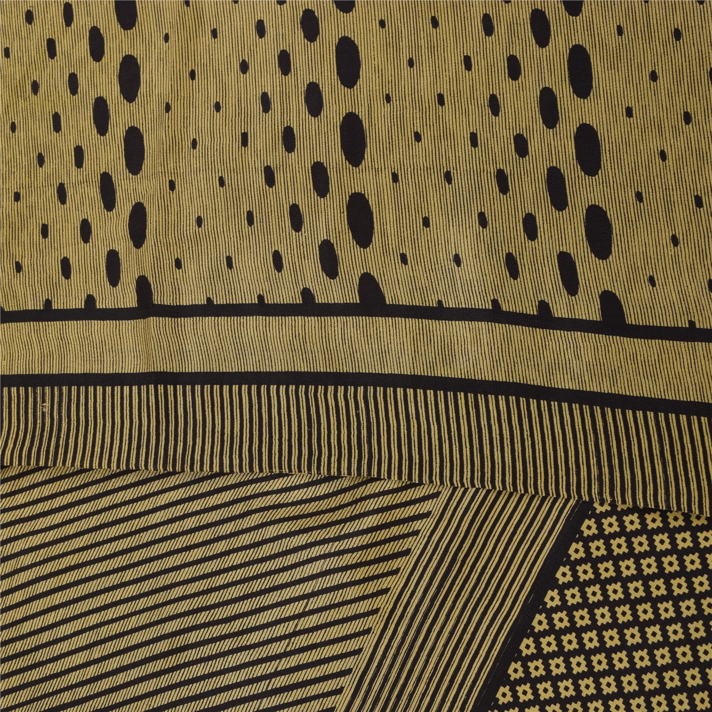 Sanskriti Vintage Sarees Cream & Black Pure Crepe Printed Sari 5+yd Craft Fabric