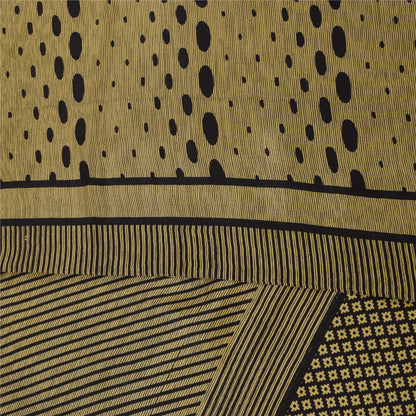 Sanskriti Vintage Sarees Cream & Black Pure Crepe Printed Sari 5+yd Craft Fabric