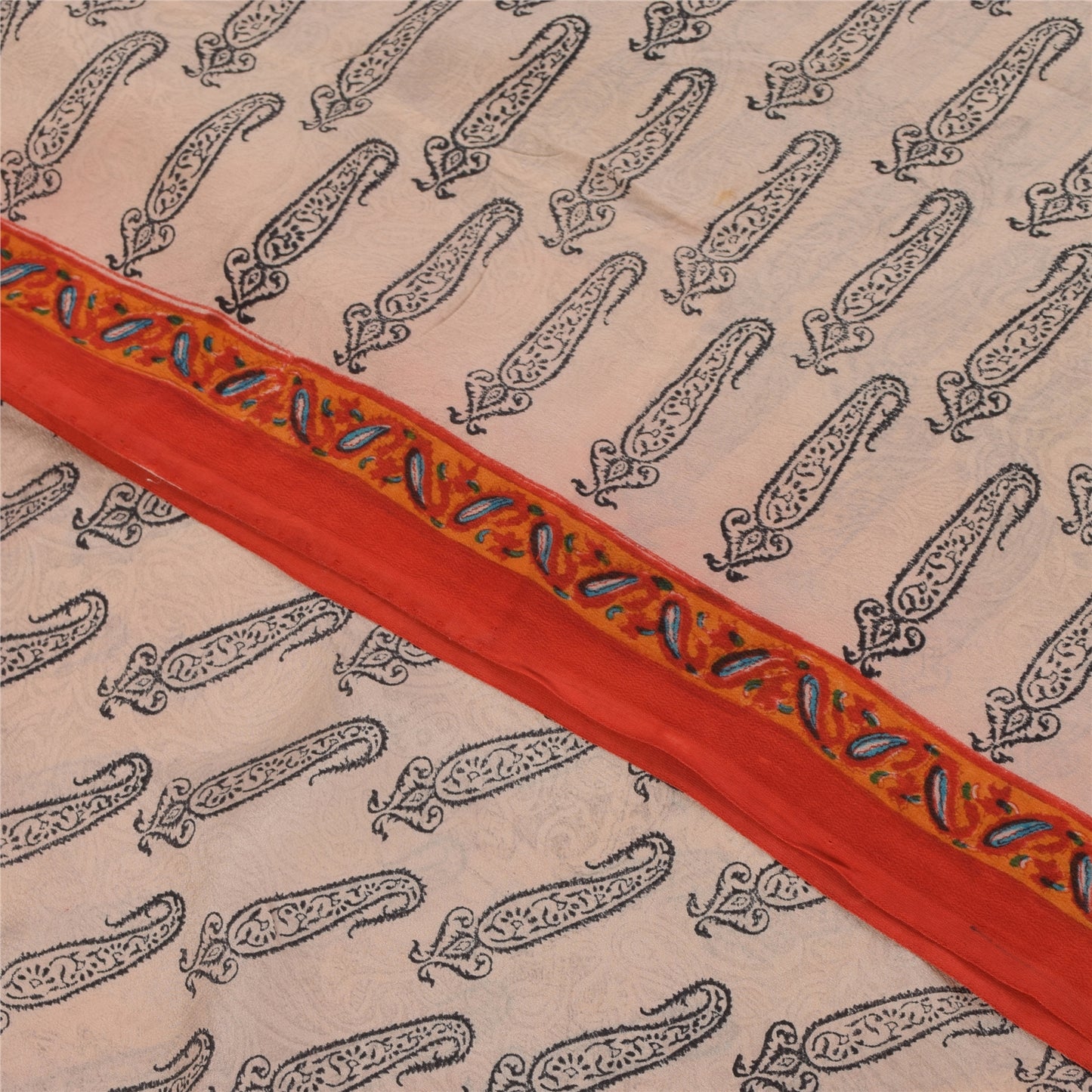 Sanskriti Vintage Sarees Ivory Pure Crepe Hand BlockPrint Sari 5+yd Craft Fabric