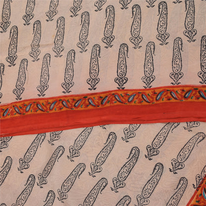 Sanskriti Vintage Sarees Ivory Pure Crepe Hand BlockPrint Sari 5+yd Craft Fabric