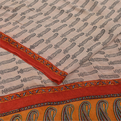 Sanskriti Vintage Sarees Ivory Pure Crepe Hand BlockPrint Sari 5+yd Craft Fabric