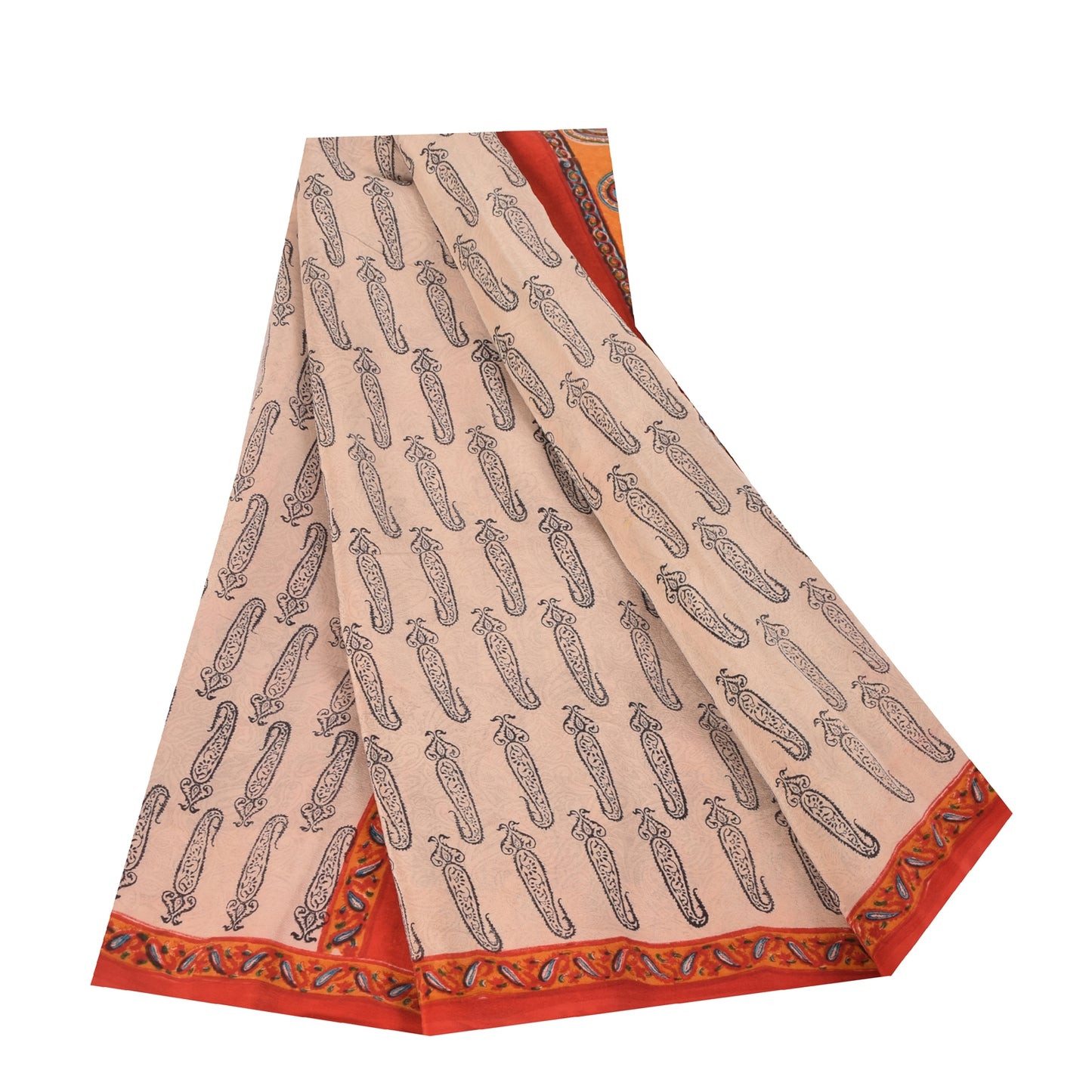 Sanskriti Vintage Sarees Ivory Pure Crepe Hand BlockPrint Sari 5+yd Craft Fabric