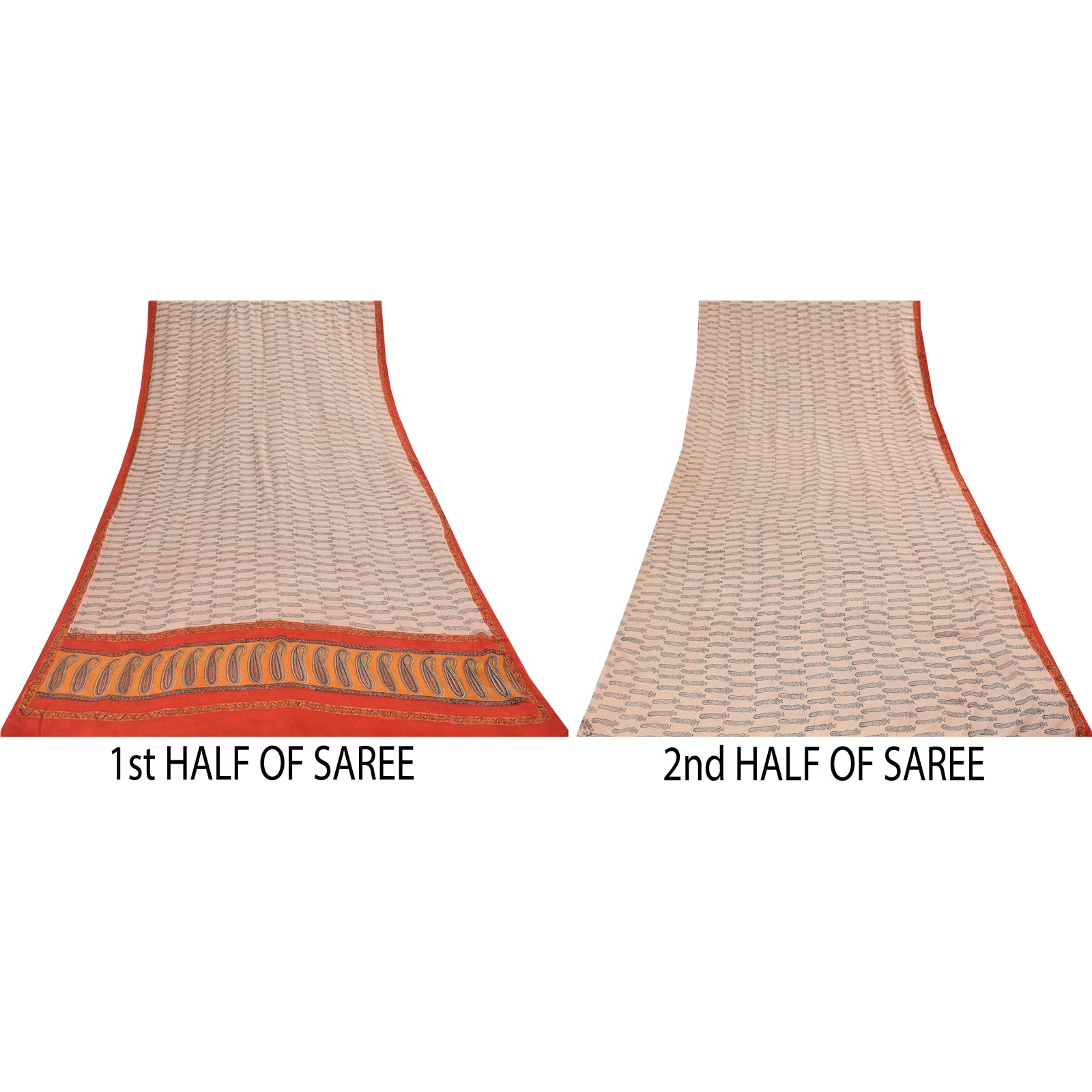 Sanskriti Vintage Sarees Ivory Pure Crepe Hand BlockPrint Sari 5+yd Craft Fabric