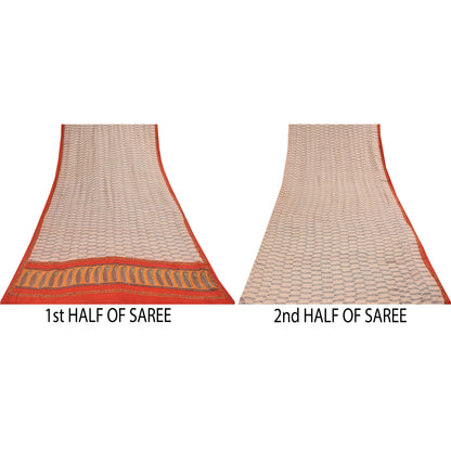 Sanskriti Vintage Sarees Ivory Pure Crepe Hand BlockPrint Sari 5+yd Craft Fabric