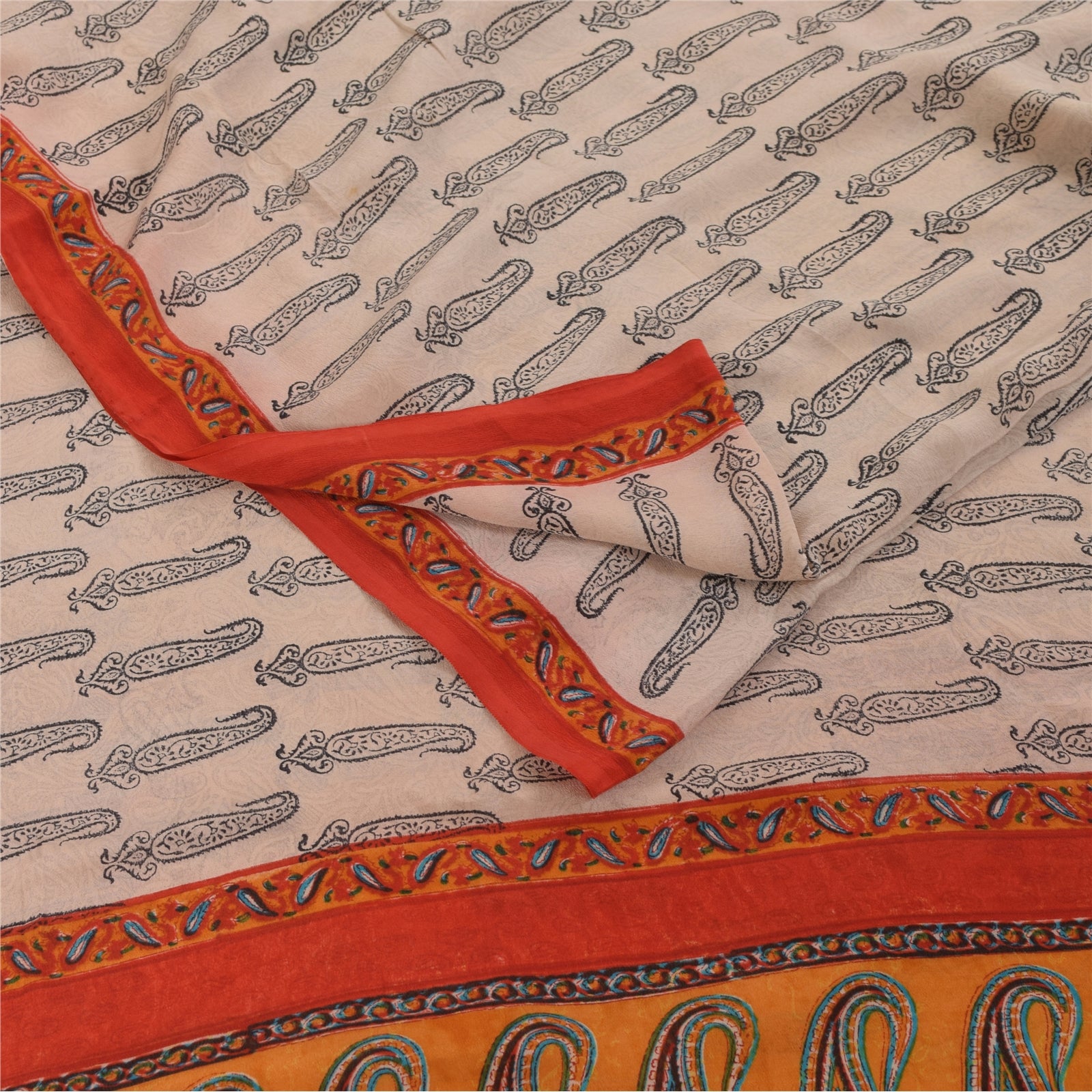 Sanskriti Vintage Sarees Ivory Pure Crepe Hand BlockPrint Sari 5+yd Craft Fabric