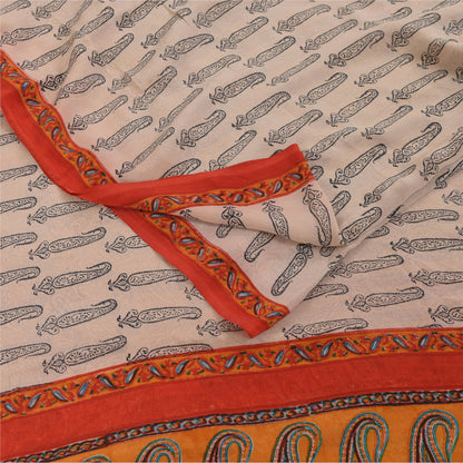 Sanskriti Vintage Sarees Ivory Pure Crepe Hand BlockPrint Sari 5+yd Craft Fabric