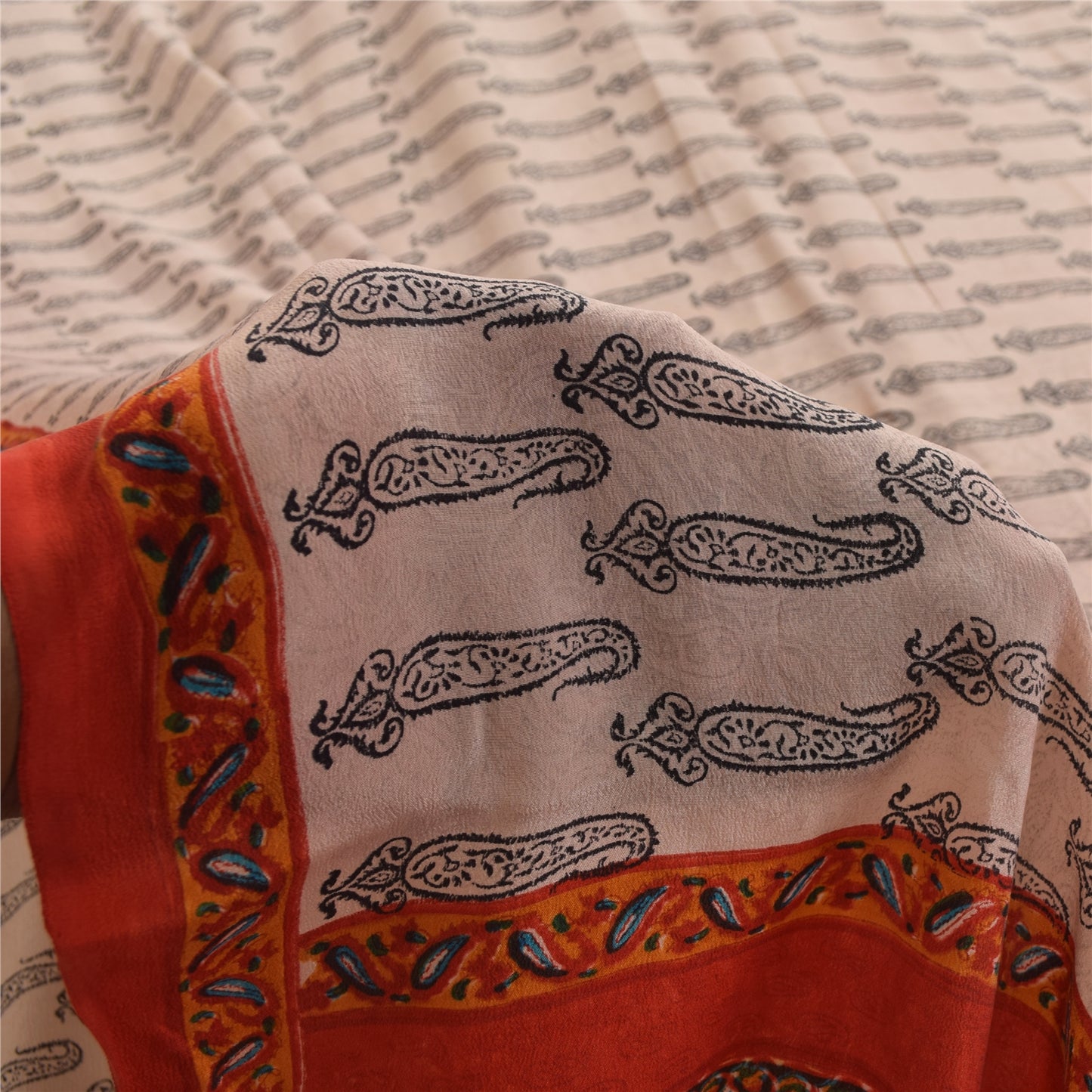 Sanskriti Vintage Sarees Ivory Pure Crepe Hand BlockPrint Sari 5+yd Craft Fabric