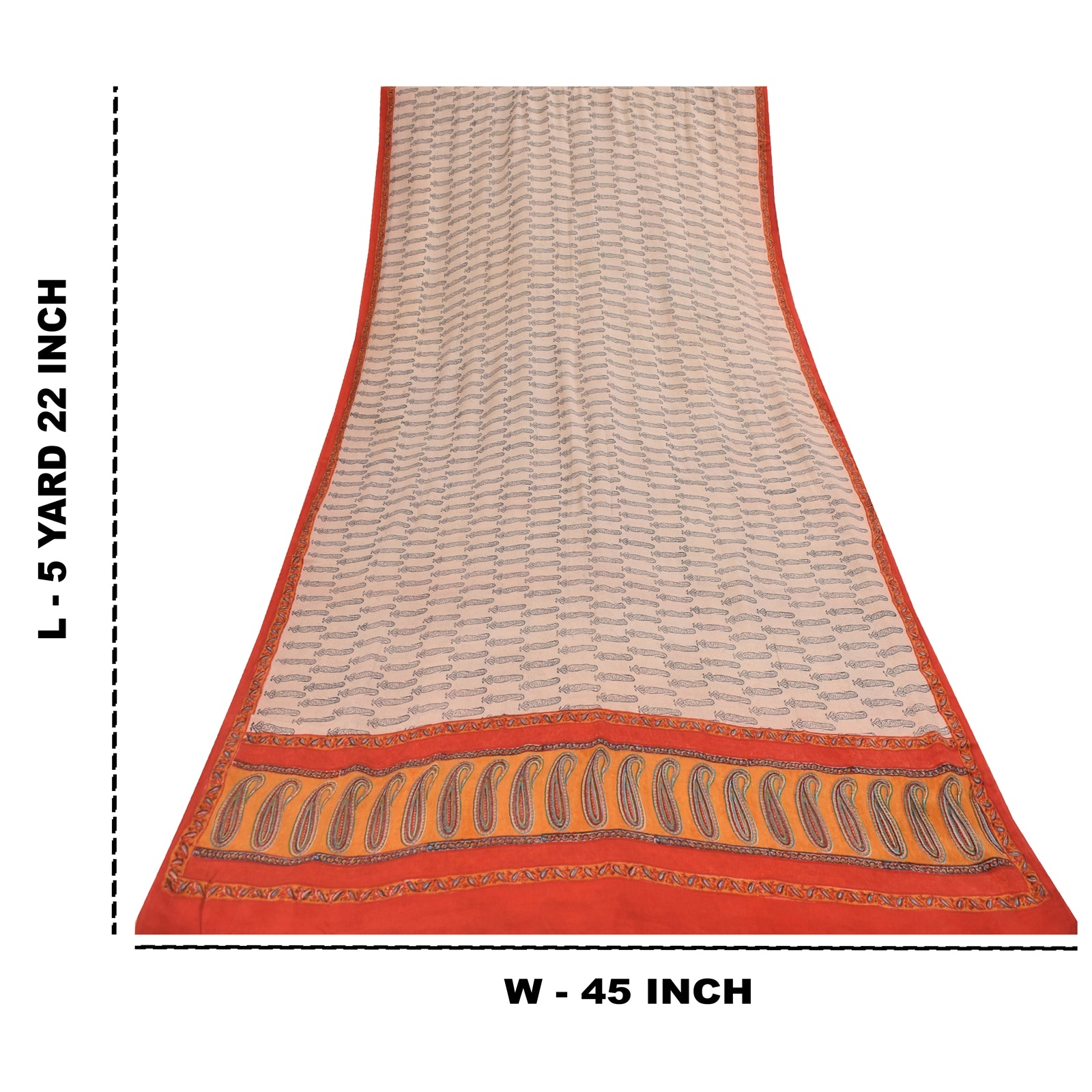 Sanskriti Vintage Sarees Ivory Pure Crepe Hand BlockPrint Sari 5+yd Craft Fabric