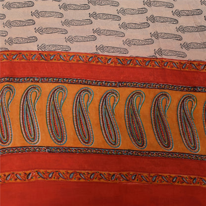 Sanskriti Vintage Sarees Ivory Pure Crepe Hand BlockPrint Sari 5+yd Craft Fabric