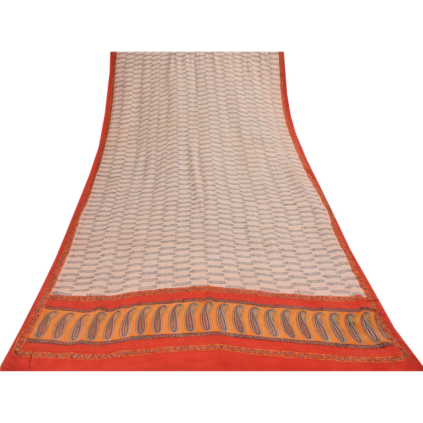 Sanskriti Vintage Sarees Ivory Pure Crepe Hand BlockPrint Sari 5+yd Craft Fabric