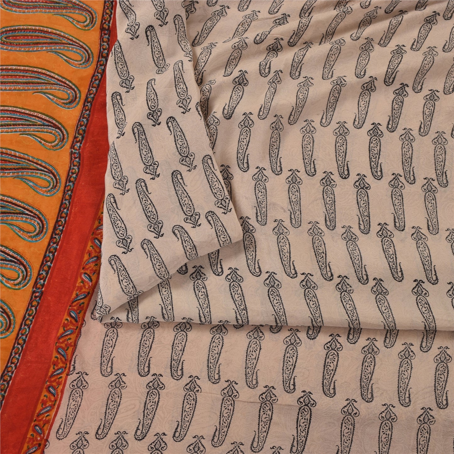 Sanskriti Vintage Sarees Ivory Pure Crepe Hand BlockPrint Sari 5+yd Craft Fabric