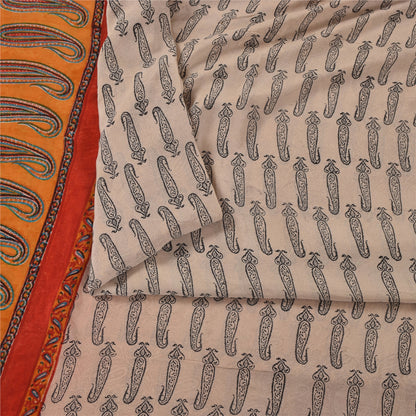 Sanskriti Vintage Sarees Ivory Pure Crepe Hand BlockPrint Sari 5+yd Craft Fabric