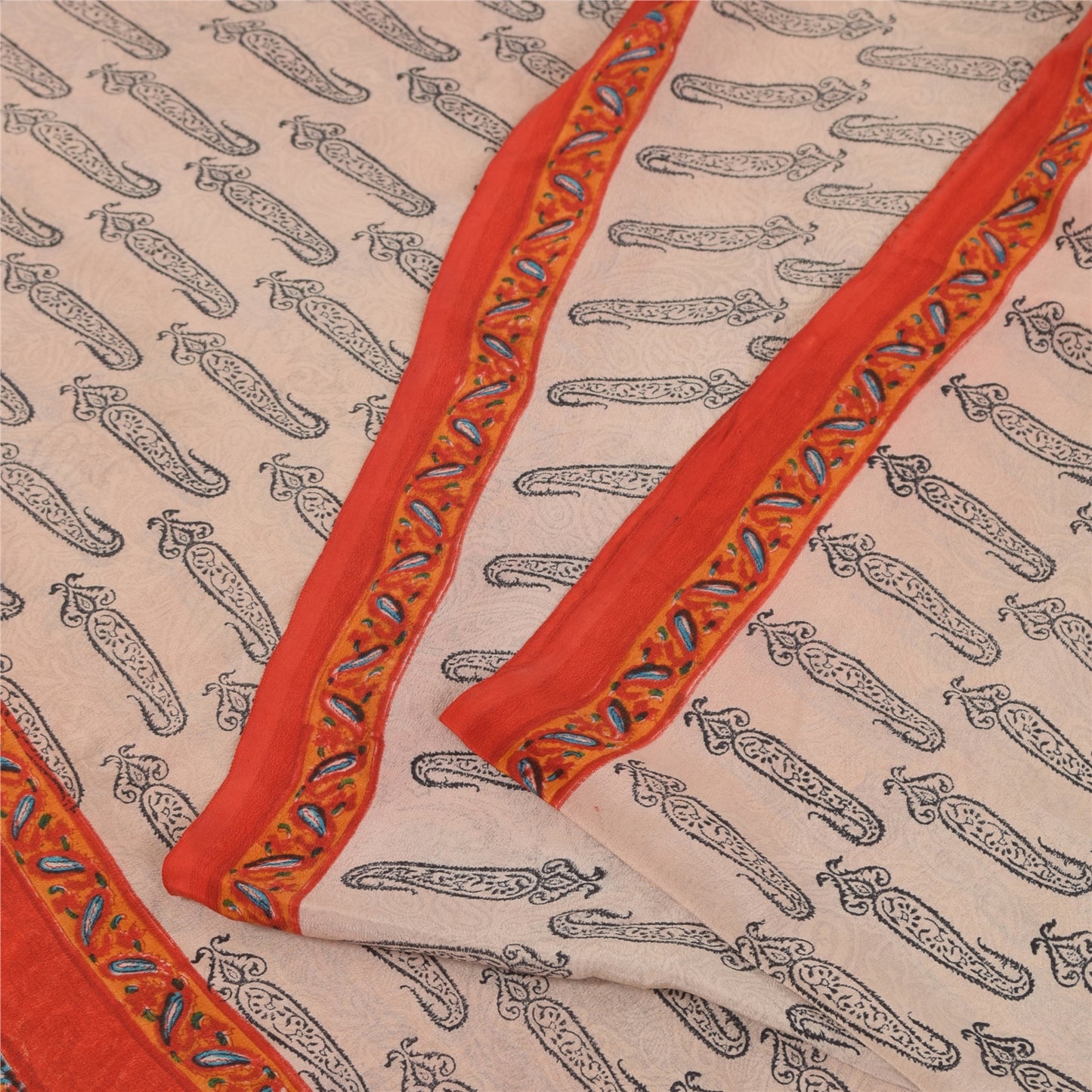 Sanskriti Vintage Sarees Ivory Pure Crepe Hand BlockPrint Sari 5+yd Craft Fabric