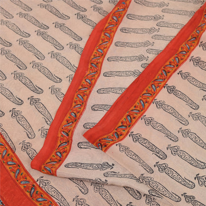 Sanskriti Vintage Sarees Ivory Pure Crepe Hand BlockPrint Sari 5+yd Craft Fabric