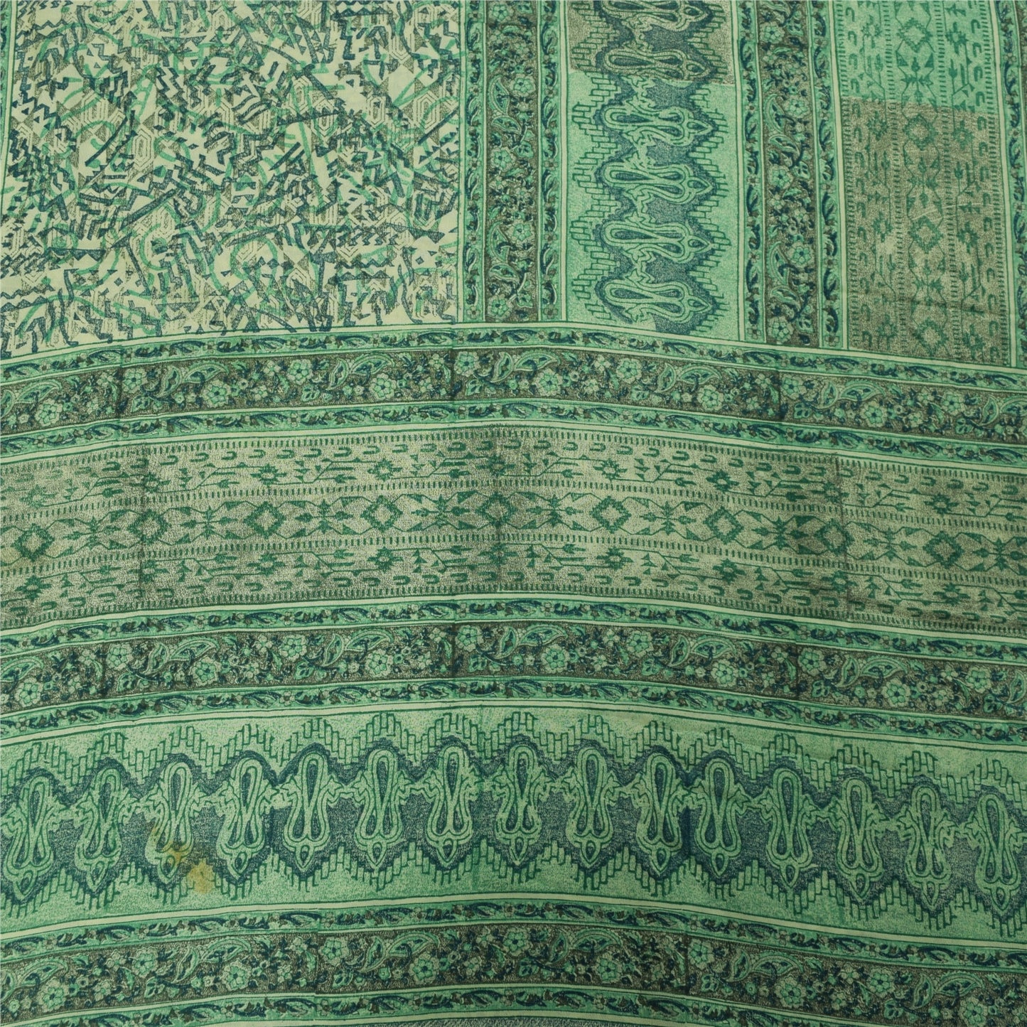 Sanskriti Vintage Sarees Green Pure Crepe Silk Printed Sari 5+yd Craft Fabric