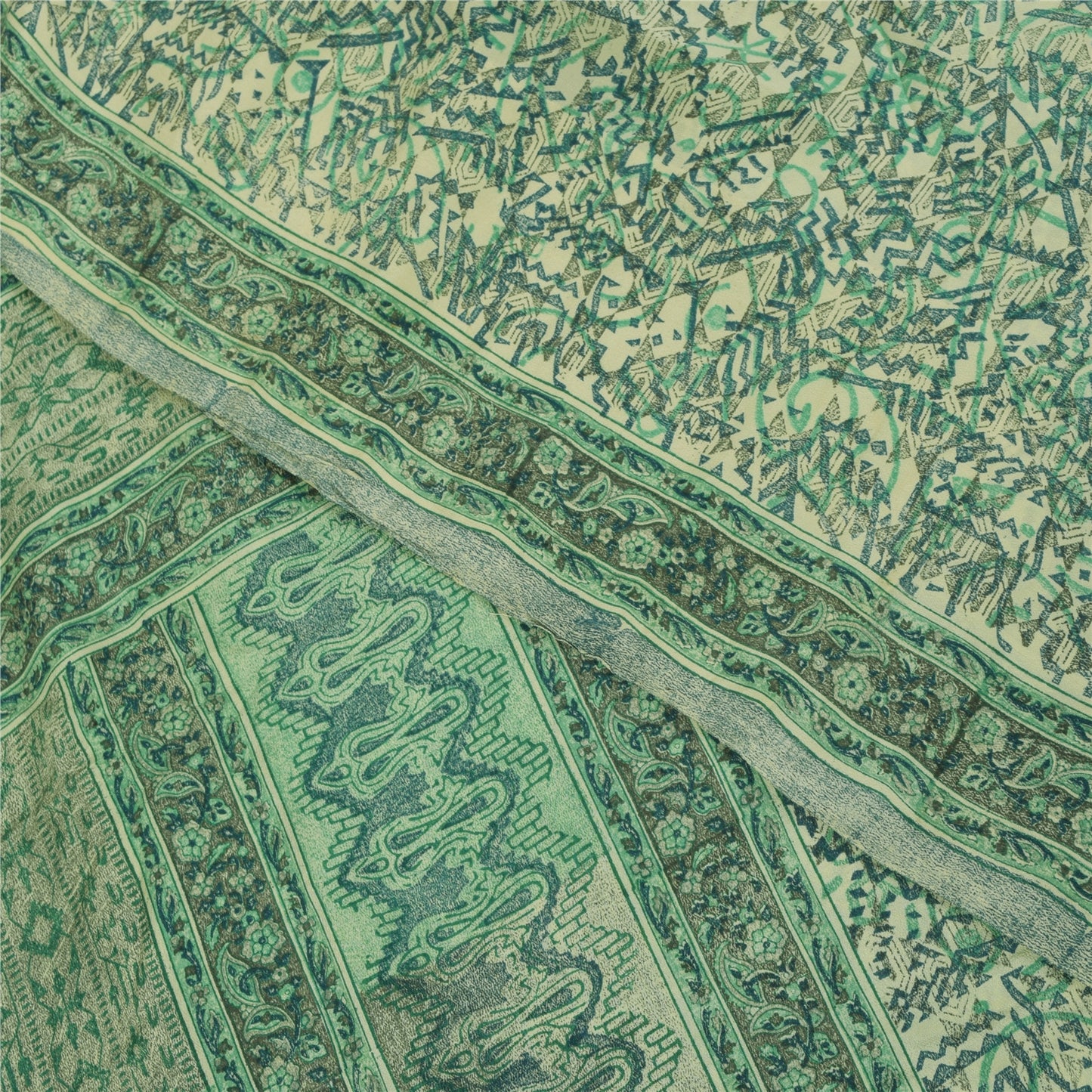 Sanskriti Vintage Sarees Green Pure Crepe Silk Printed Sari 5+yd Craft Fabric