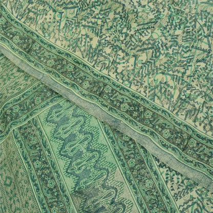 Sanskriti Vintage Sarees Green Pure Crepe Silk Printed Sari 5+yd Craft Fabric