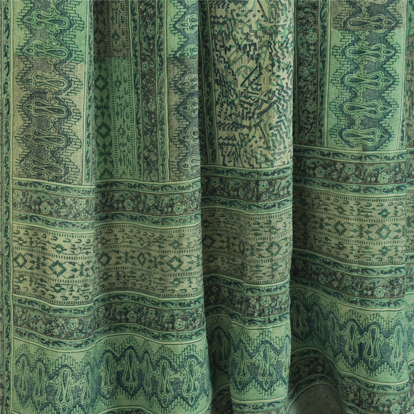 Sanskriti Vintage Sarees Green Pure Crepe Silk Printed Sari 5+yd Craft Fabric