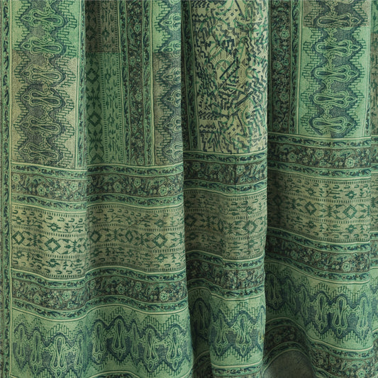 Sanskriti Vintage Sarees Green Pure Crepe Silk Printed Sari 5+yd Craft Fabric